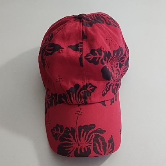 Red & Navy Tropical Print Hat with Curved Brim Cotton Adjustable - Picture 3 of 11